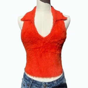 Day + Moon Orange Fuzzy Collared Crop Vest Top Women’s Small Y2K Soft Knit